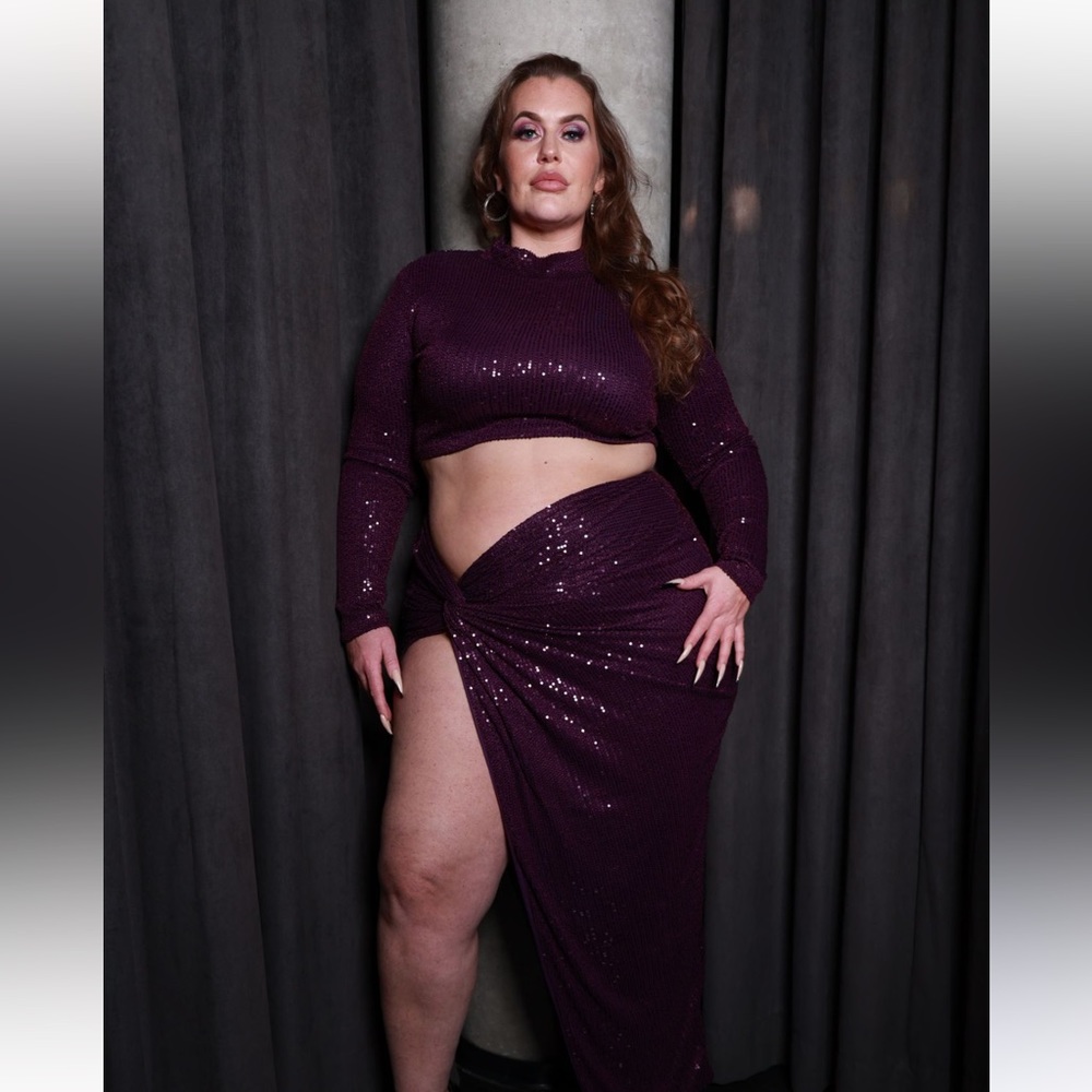 2 Piece Purple Sequin Crop Top and Skirt Set XLarge